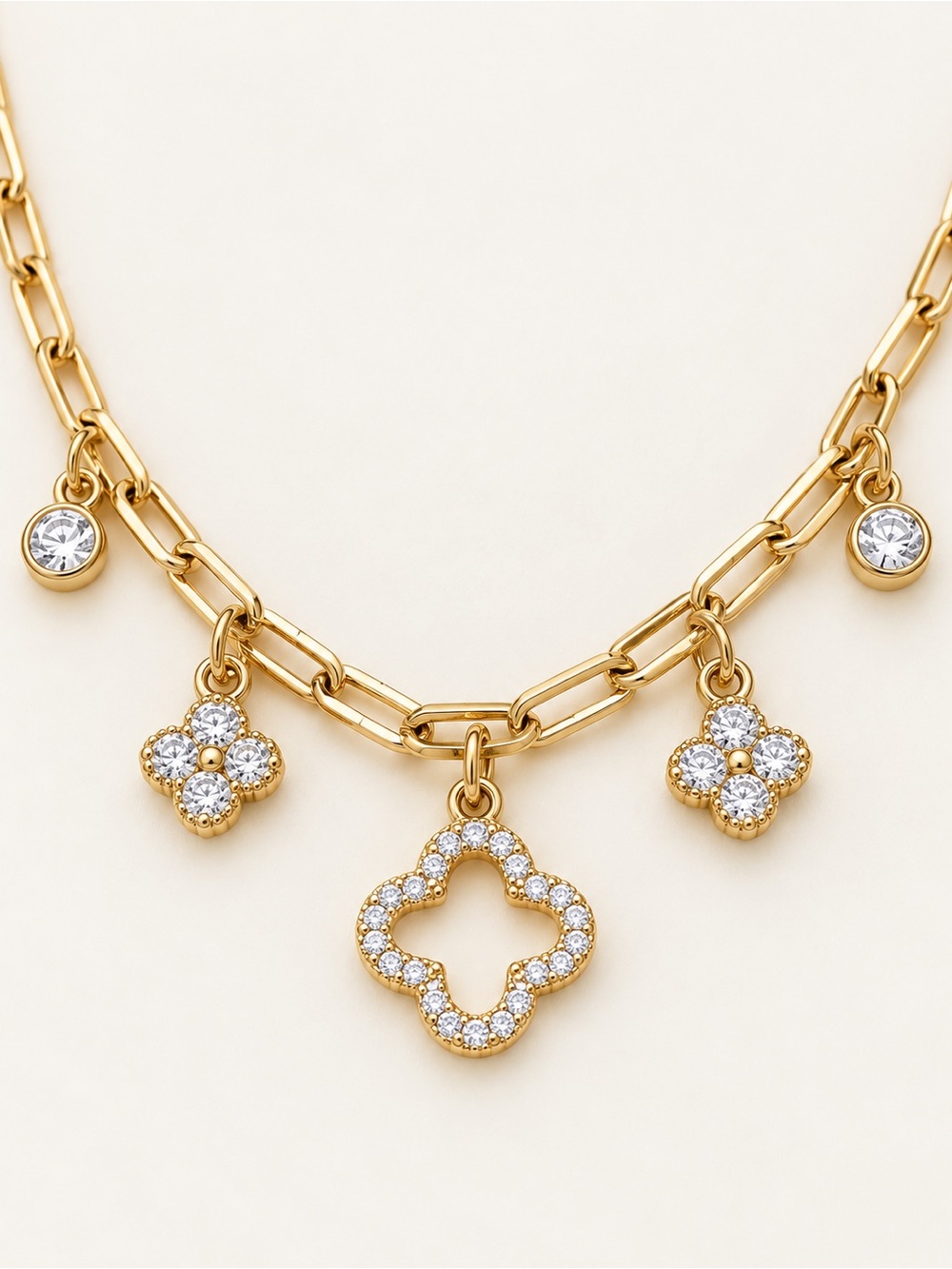 14K Gold Plated Clover Charm Necklace Rhodium Adjustable Water Resistant